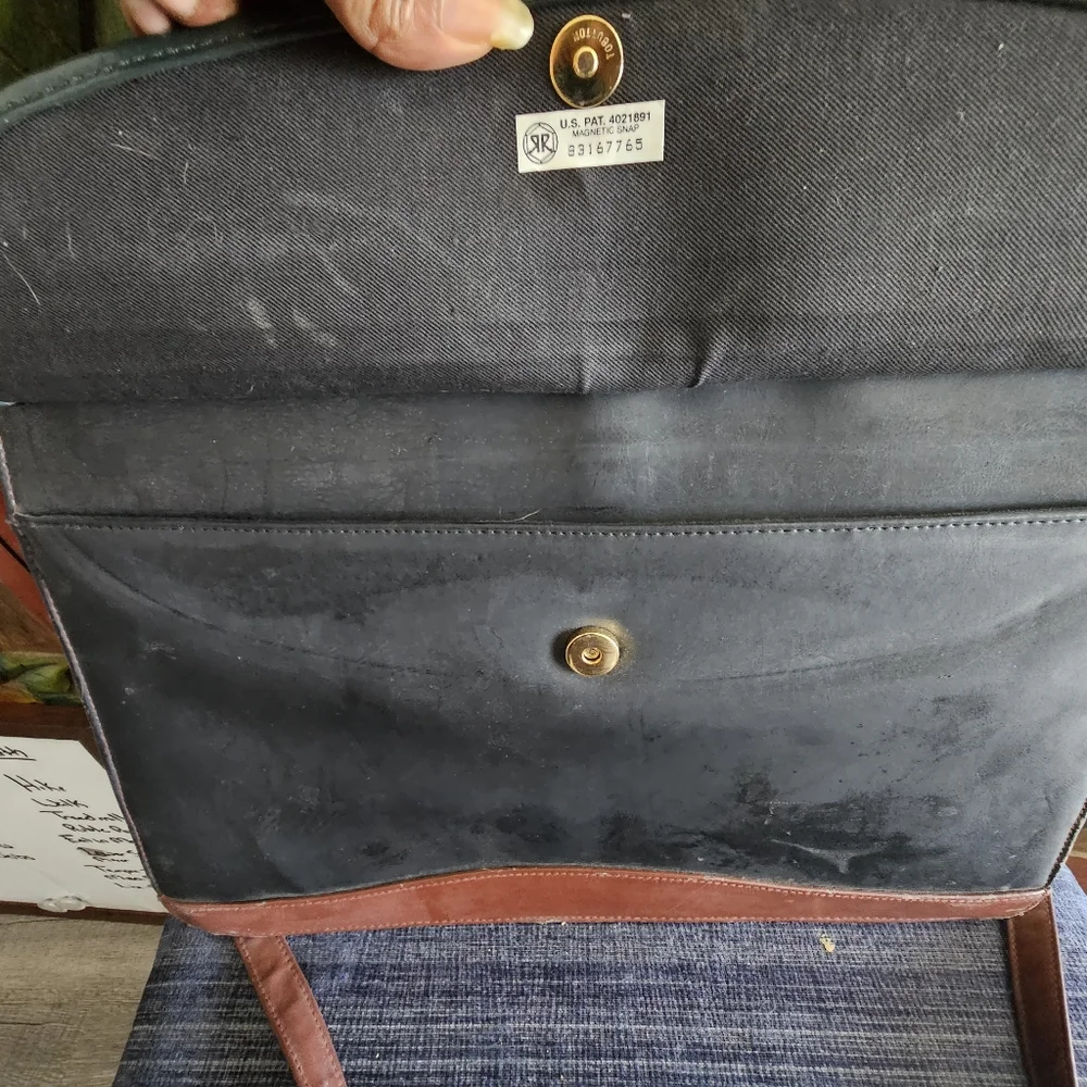 Vintage 1970s Brown Black Leather Briefcase Craftmanship Some Wear Gold Shield